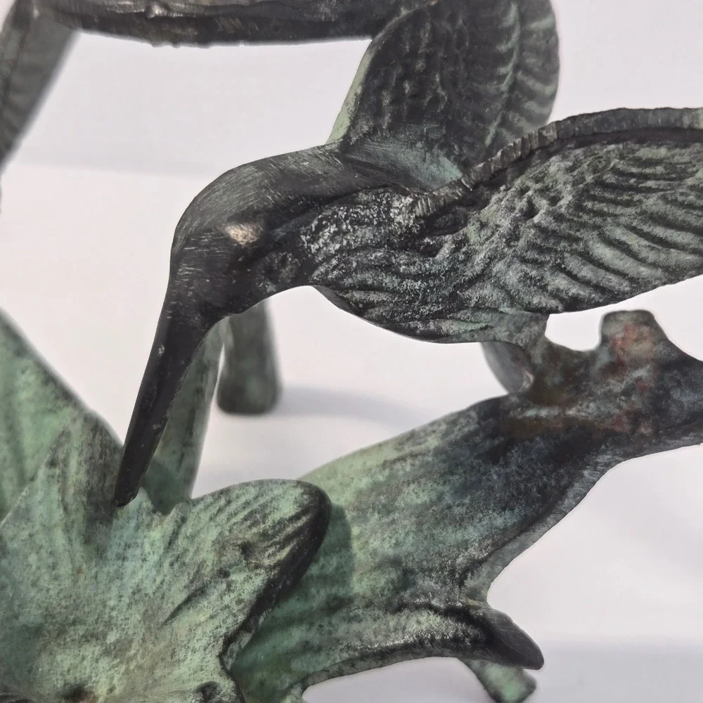 Vintage Verdigris Cast Metal Hummingbird Lily Flower Sculpture Candle Holder